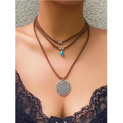  Women's Creative Stylish Vintage Flower Disk& Beads & Hollow Out Pendant Multi-Layer Necklace