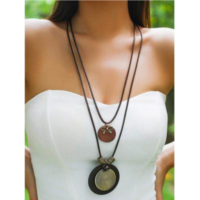  Vintage Round Wooden Pendant Necklace For Women