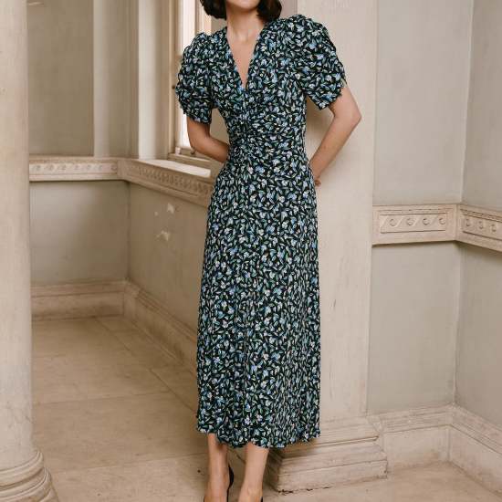 Ophelia Bias Cut Maxi Dress - Black Blue Deco Floral Print